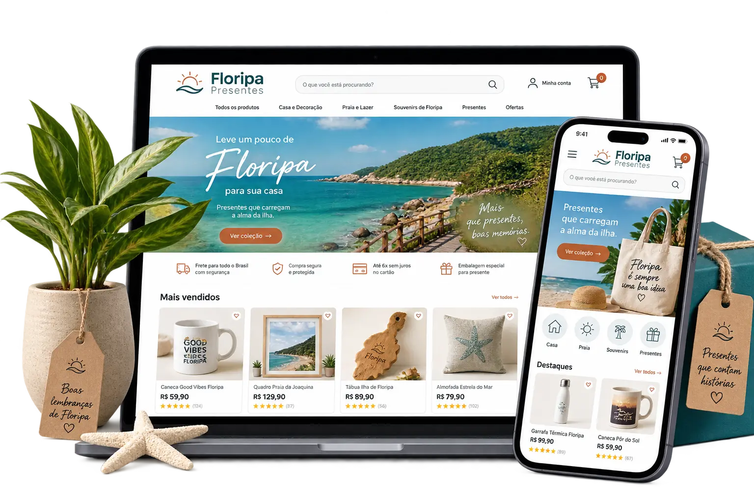 Exemplo de loja virtual Floripa Presentes no computador e celular